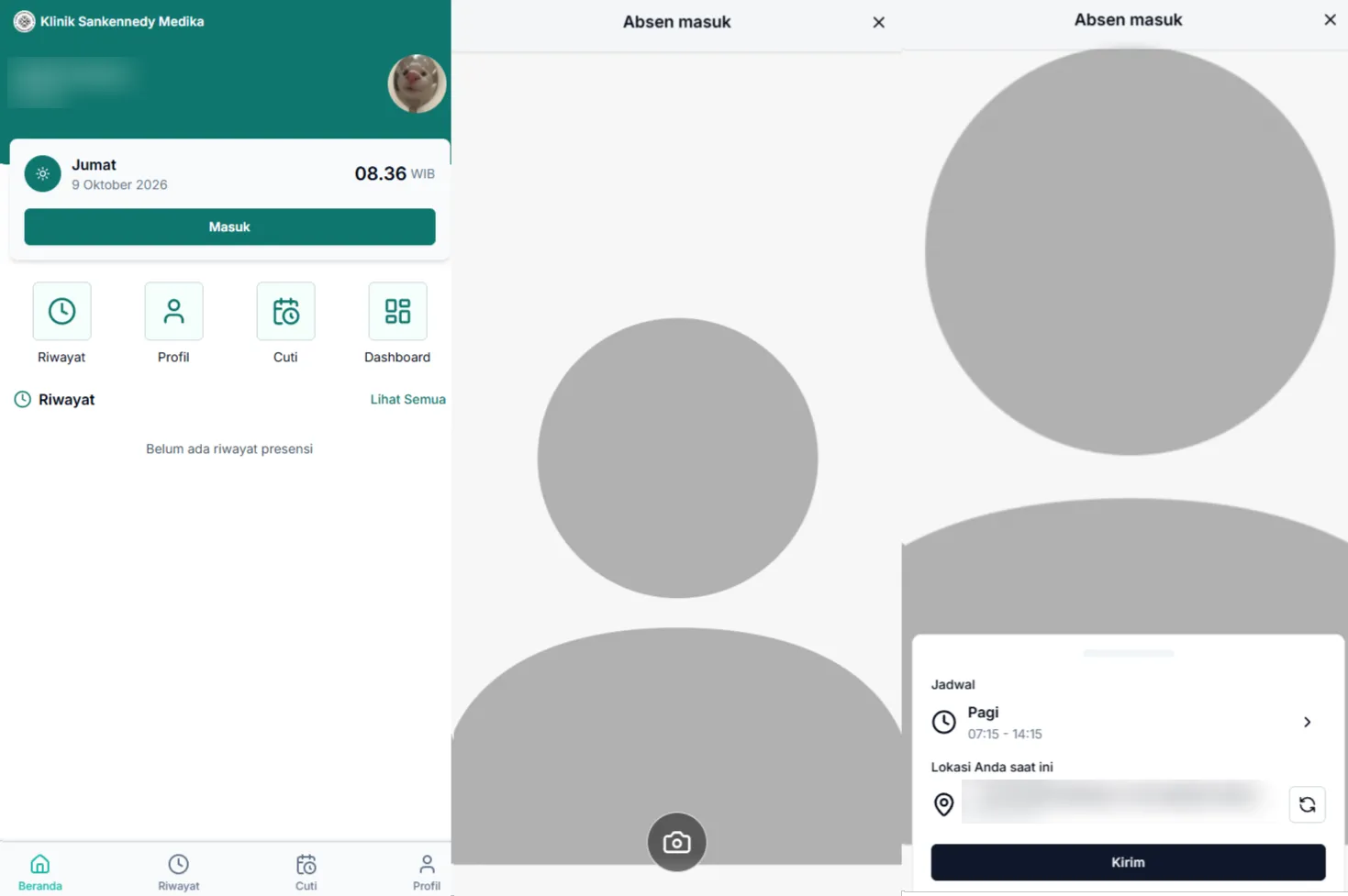 Staff mobile app: home, selfie capture, and check-in