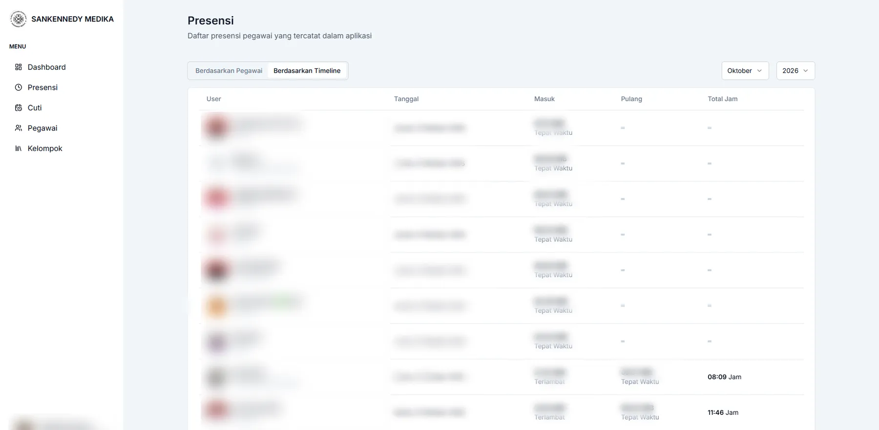 Admin dashboard: attendance timeline (personal data blurred)