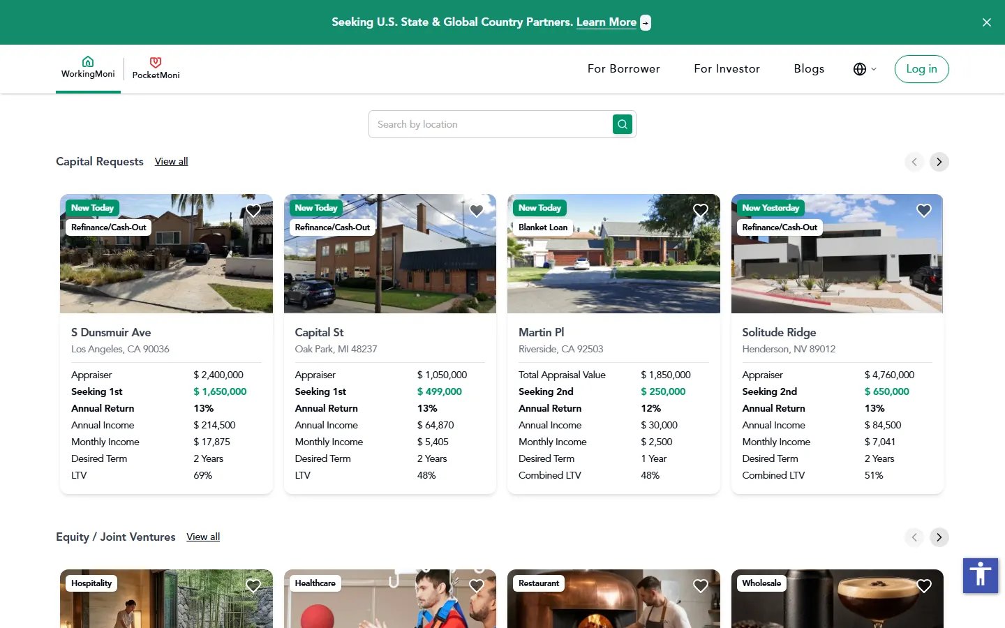 Homepage with the latest capital requests and joint ventures