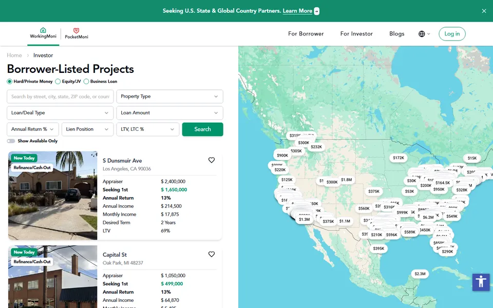Investor view: map search with advanced filters
