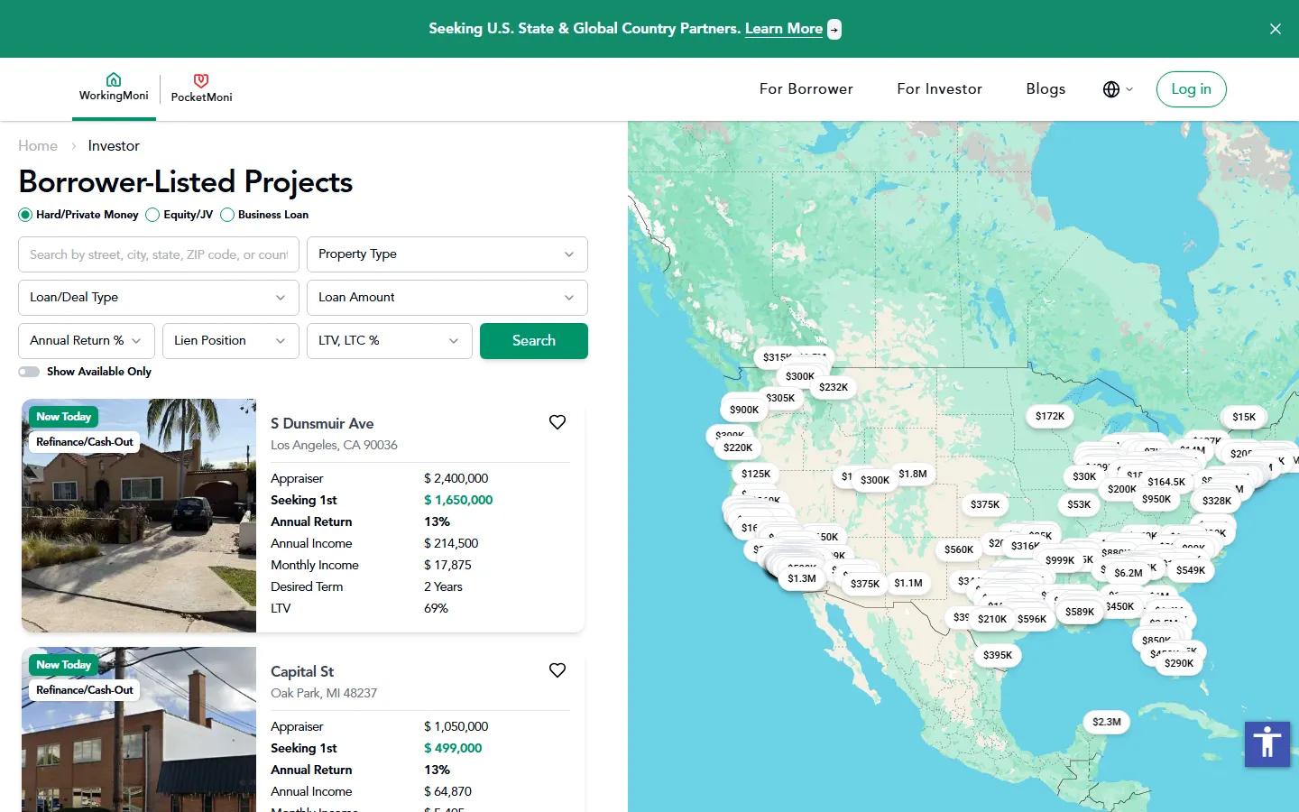 Investor view: map search with advanced filters